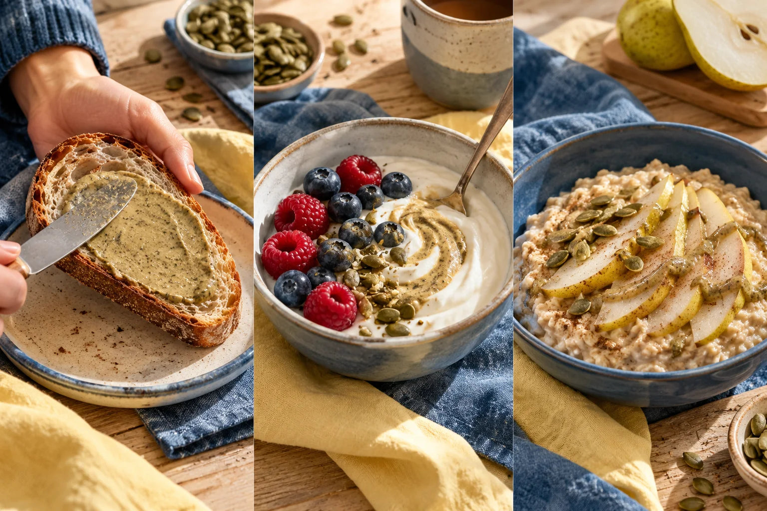 A serving of creamy pumpkin-seed supplement spread on toast