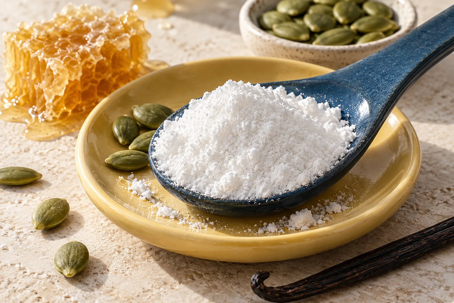 Fine white creatine monohydrate powder with pumpkin seeds and honeycomb on warm ceramics