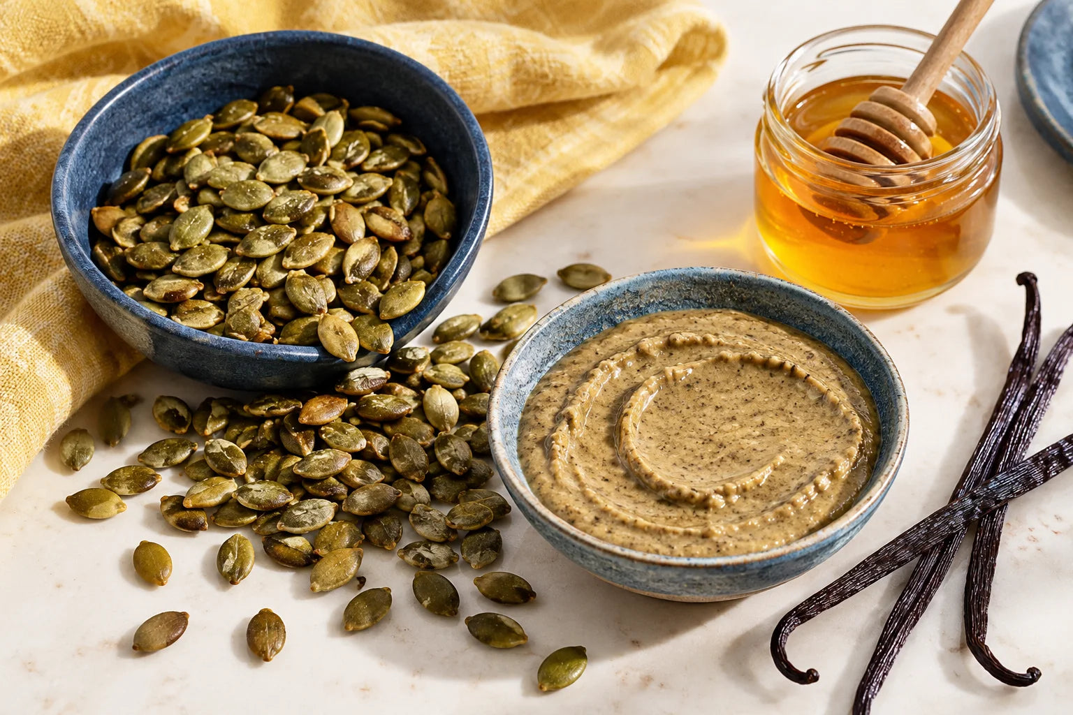 Pumpkin seeds, raw honey and vanilla beans on a cream ceramic surface