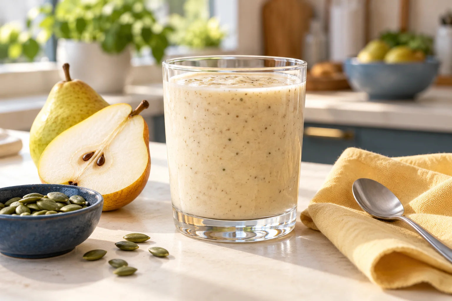 A freshly blended smoothie with pumpkin-seed ingredients