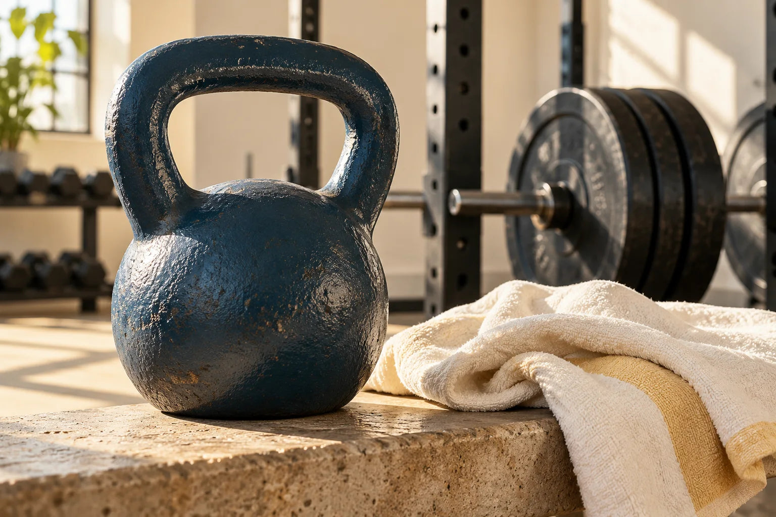 A substantial deep blue kettlebell in a bright, natural training space